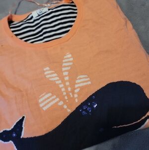 LADIES CROWN & IVY PEACH BLUE STRIPED SIZE L WHALE 3/4 SLEEVE GUC NAUTICAL CUTE